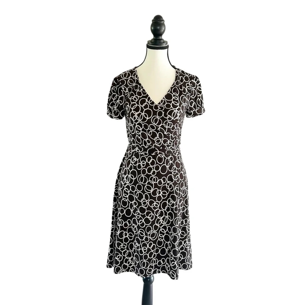 Vintage Y2K Jessica Brown & White Circle Print Slip on Dress w/ Belt Size 8 90’s